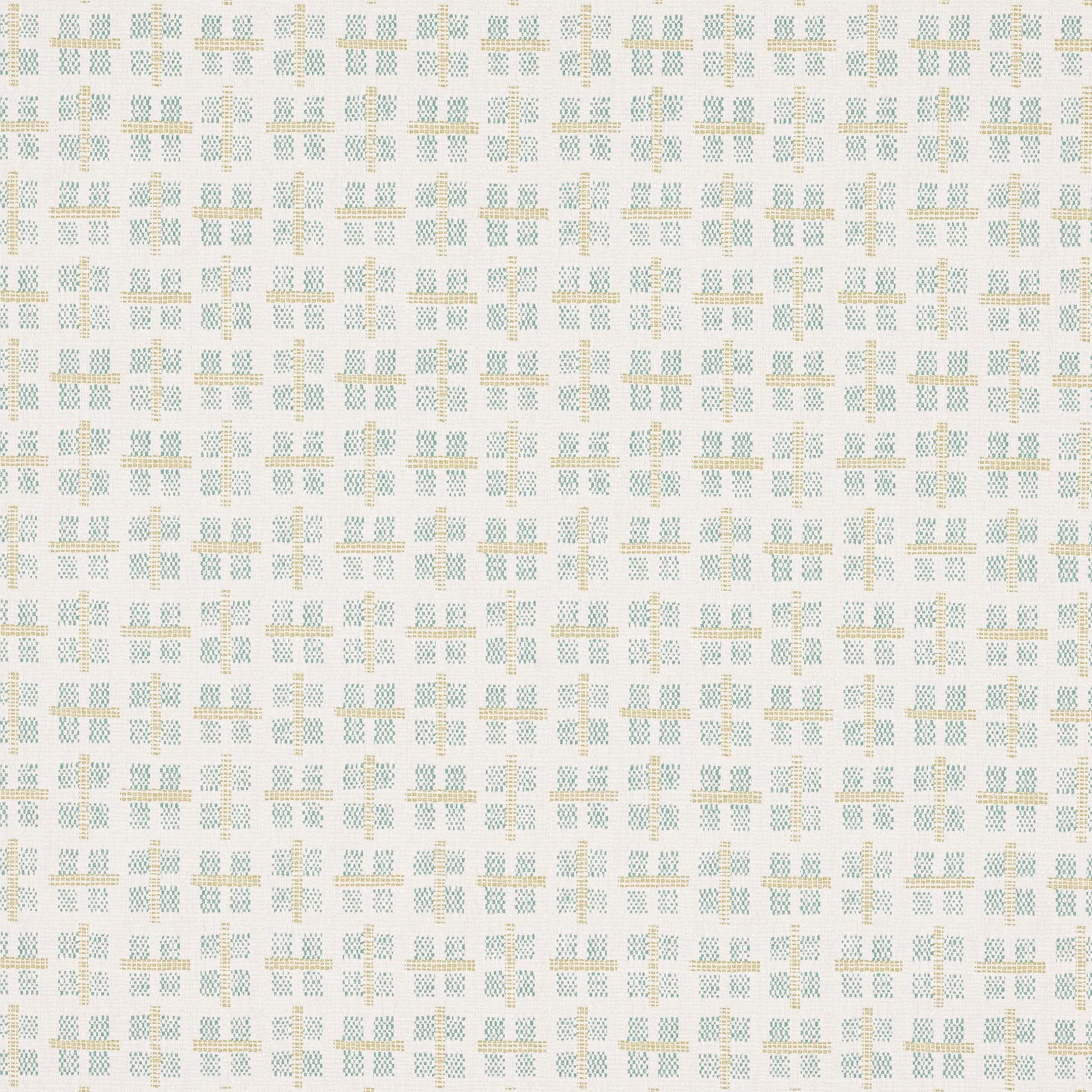 Pale sage green and cream dashed check pattern on a wallpaper swatch