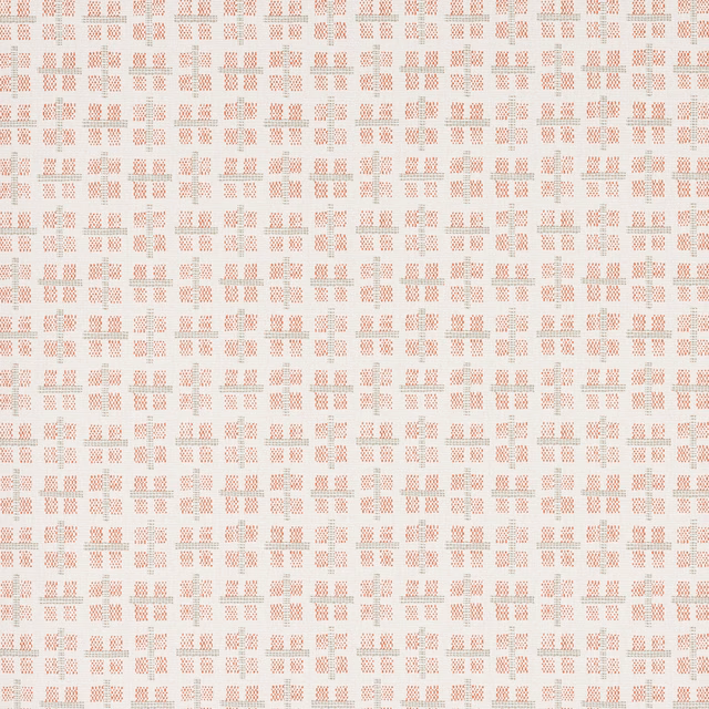 Small coral-red geometric checks across a warm cream wallpaper ground