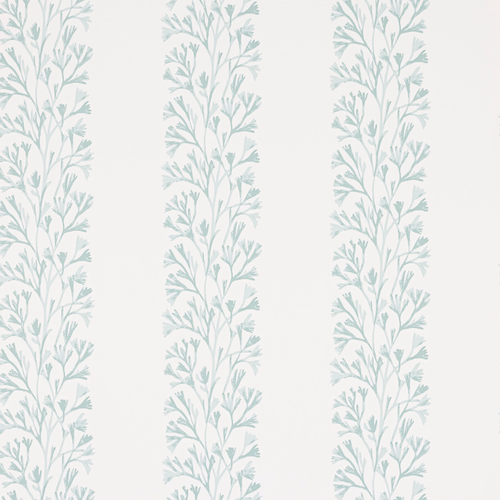 Pale aqua leafy branches arranged in vertical stripes on an ivory wallpaper ground