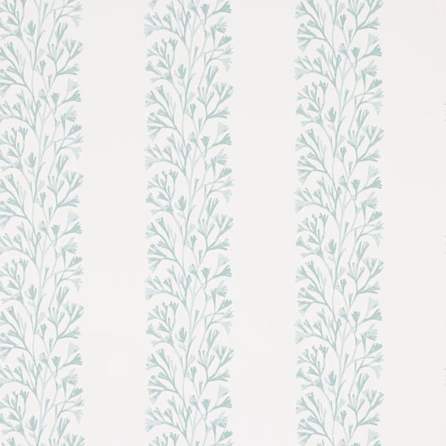 Pale aqua leafy branches arranged in vertical stripes on an ivory wallpaper ground