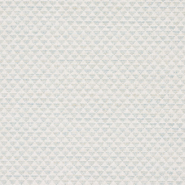 Pale aqua wallpaper with tiny geometric blue-green motifs on an off-white ground
