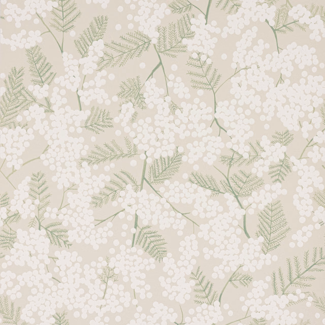 Warm beige wallpaper with white blossom clusters and pale sage fern-like foliage