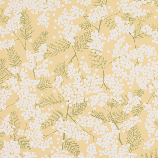 Warm mimosa-yellow wallpaper with white blossom clusters and sage fern-like foliage
