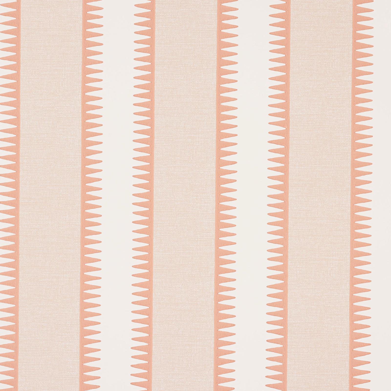 Warm coral and ivory vertical stripes with fine triangular edging on paper wallpaper