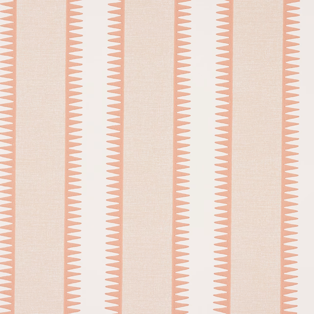 Warm coral and ivory vertical stripes with fine triangular edging on paper wallpaper