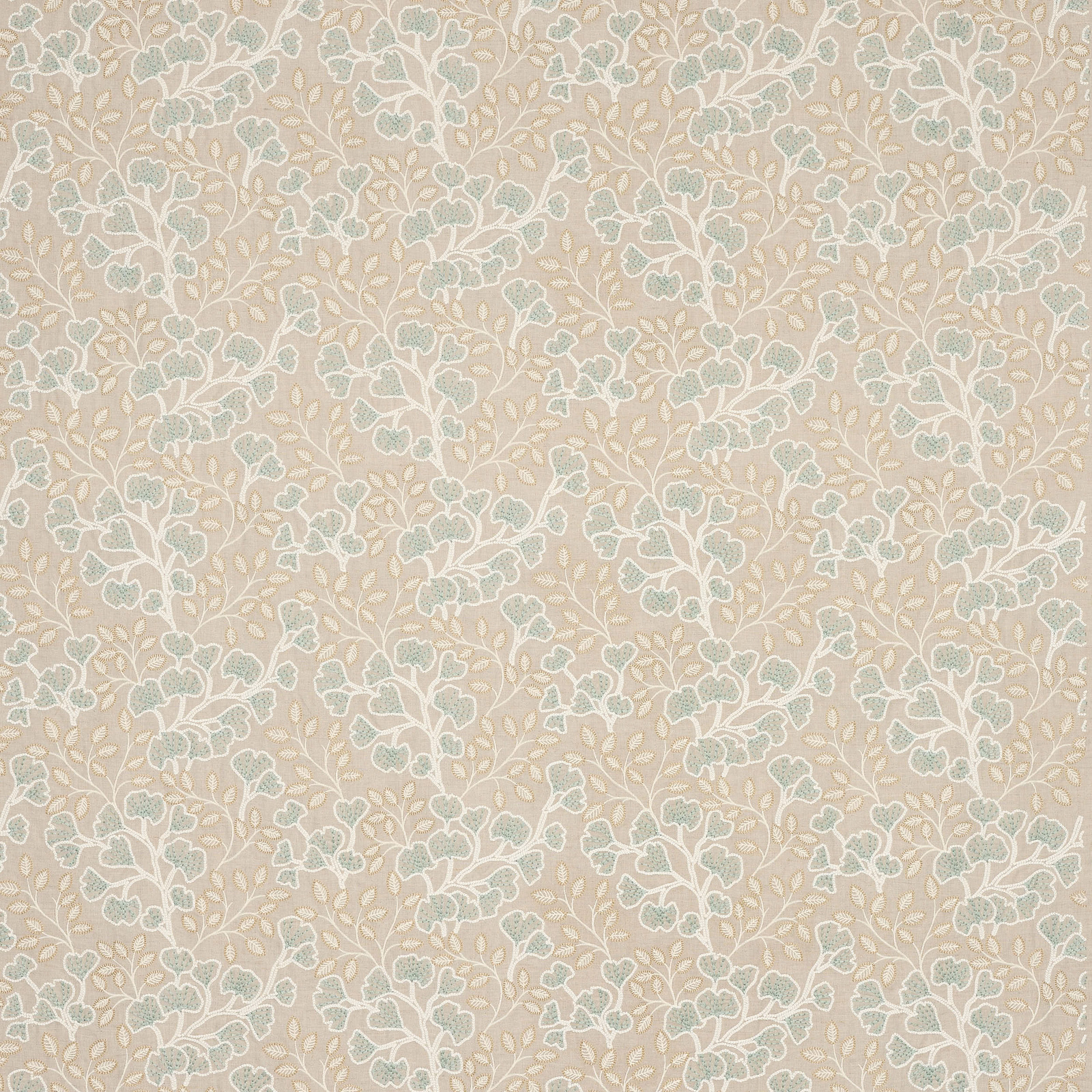Pale aqua trailing floral fabric on a warm beige ground