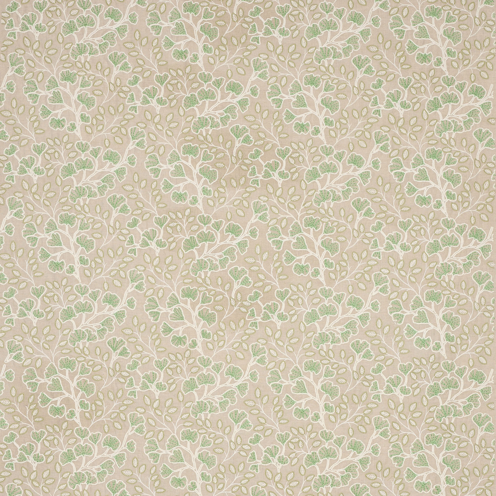 Soft green trailing leaf floral fabric on a warm neutral ground