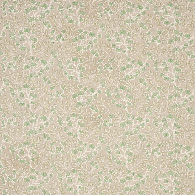 Soft green trailing leaf floral fabric on a warm neutral ground