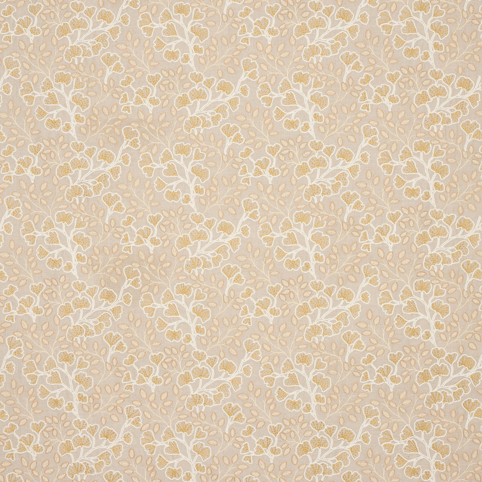 Cream botanical fabric swatch with ivory vines and muted golden flowers