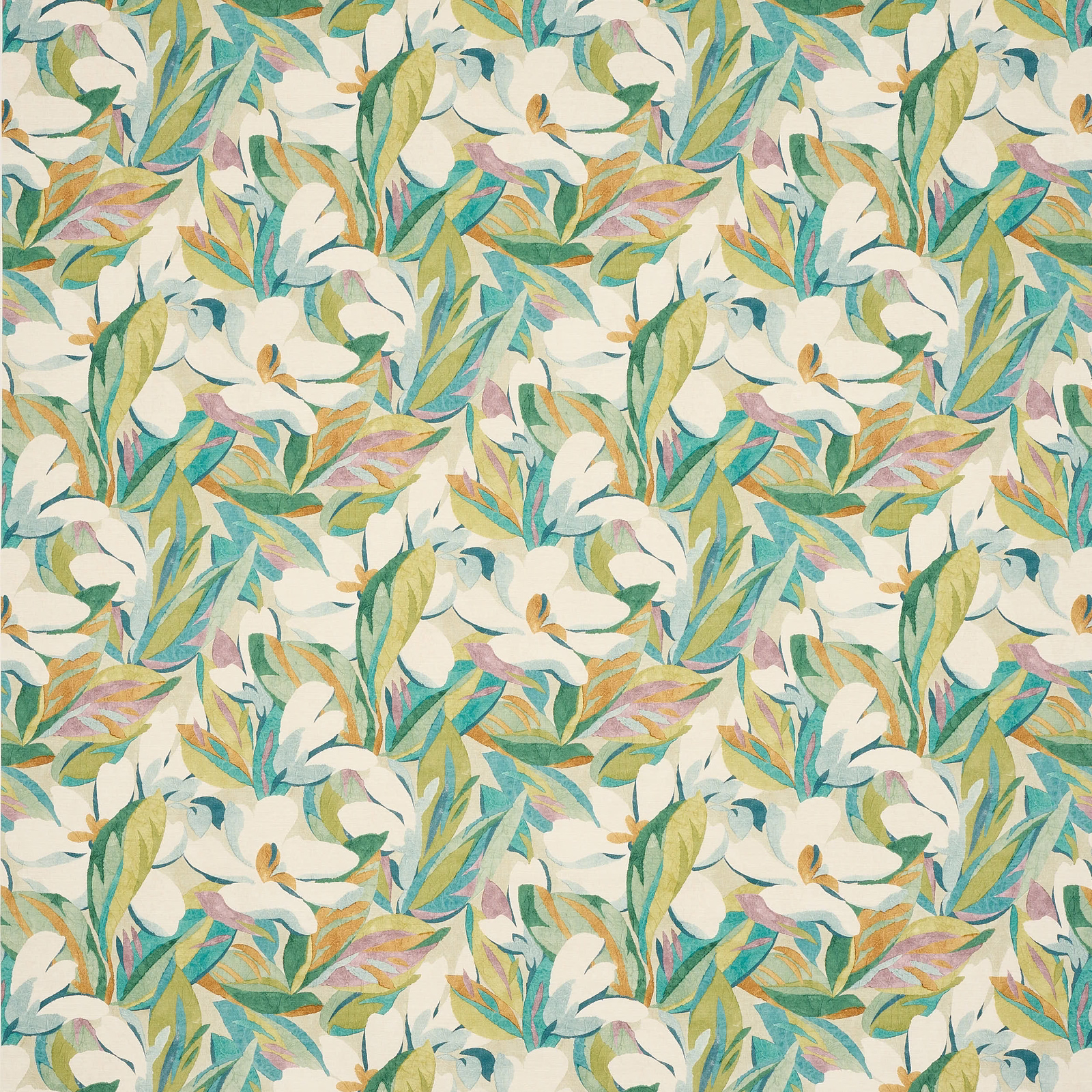 Painterly floral fabric in sage green, cream, teal and blush botanical leaves