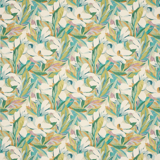 Painterly floral fabric in sage green, cream, teal and blush botanical leaves