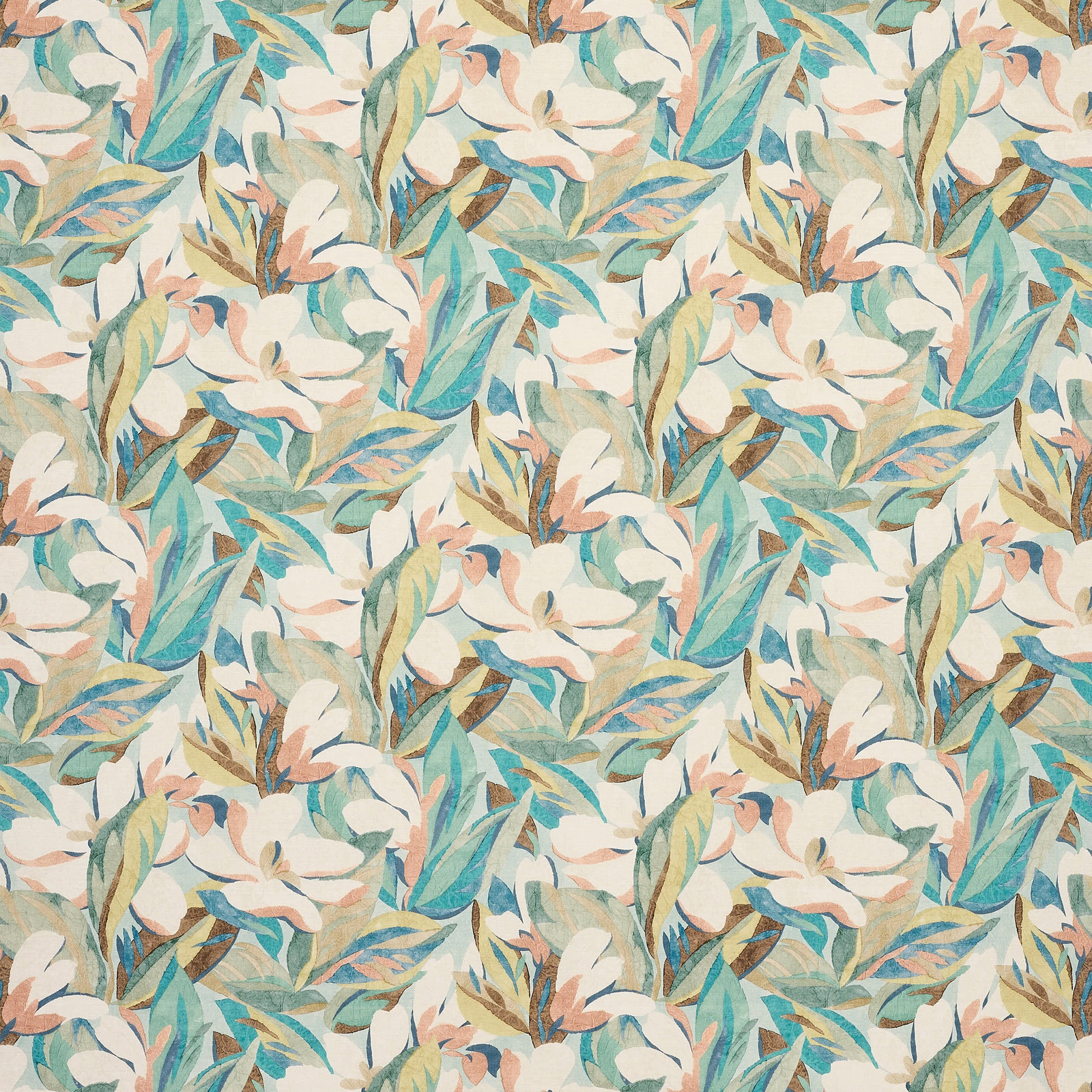 Painterly botanical fabric with teal, cream and blush leaves on an ivory ground