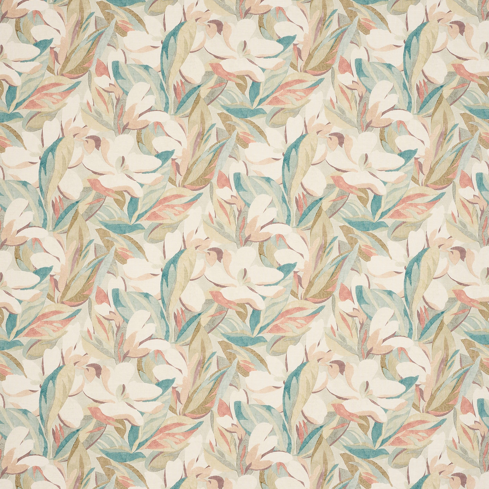 Painterly leaf and blossom fabric in soft pink, teal and sage on a cream ground