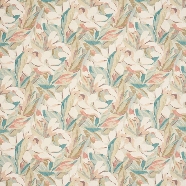 Painterly leaf and blossom fabric in soft pink, teal and sage on a cream ground