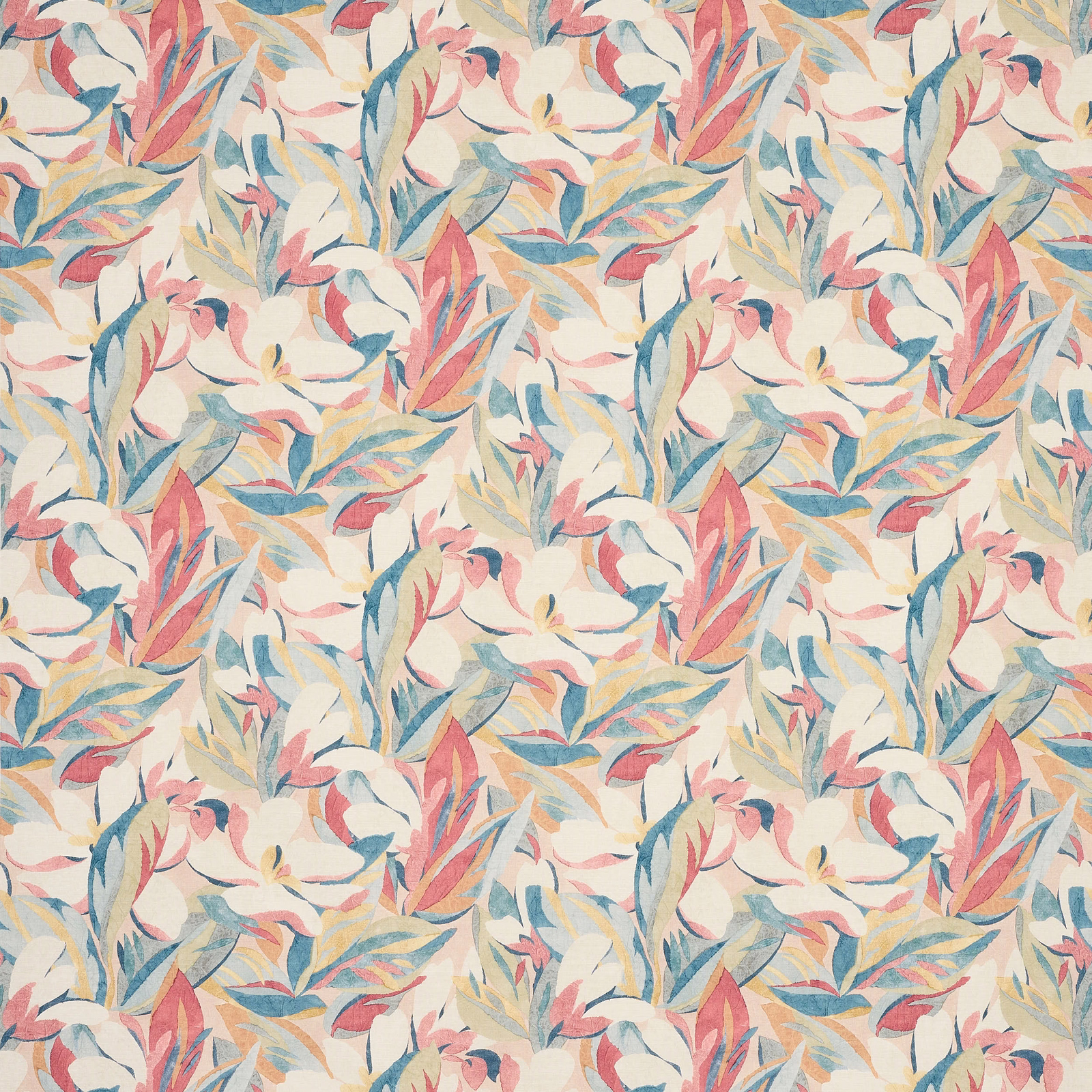 Painterly leaf-pattern fabric in coral, blue, yellow and cream on a pale ground