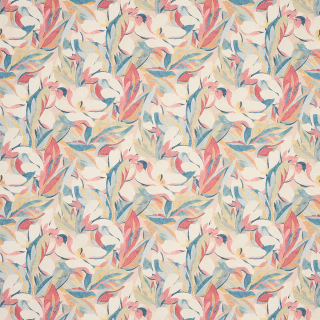 Painterly leaf-pattern fabric in coral, blue, yellow and cream on a pale ground