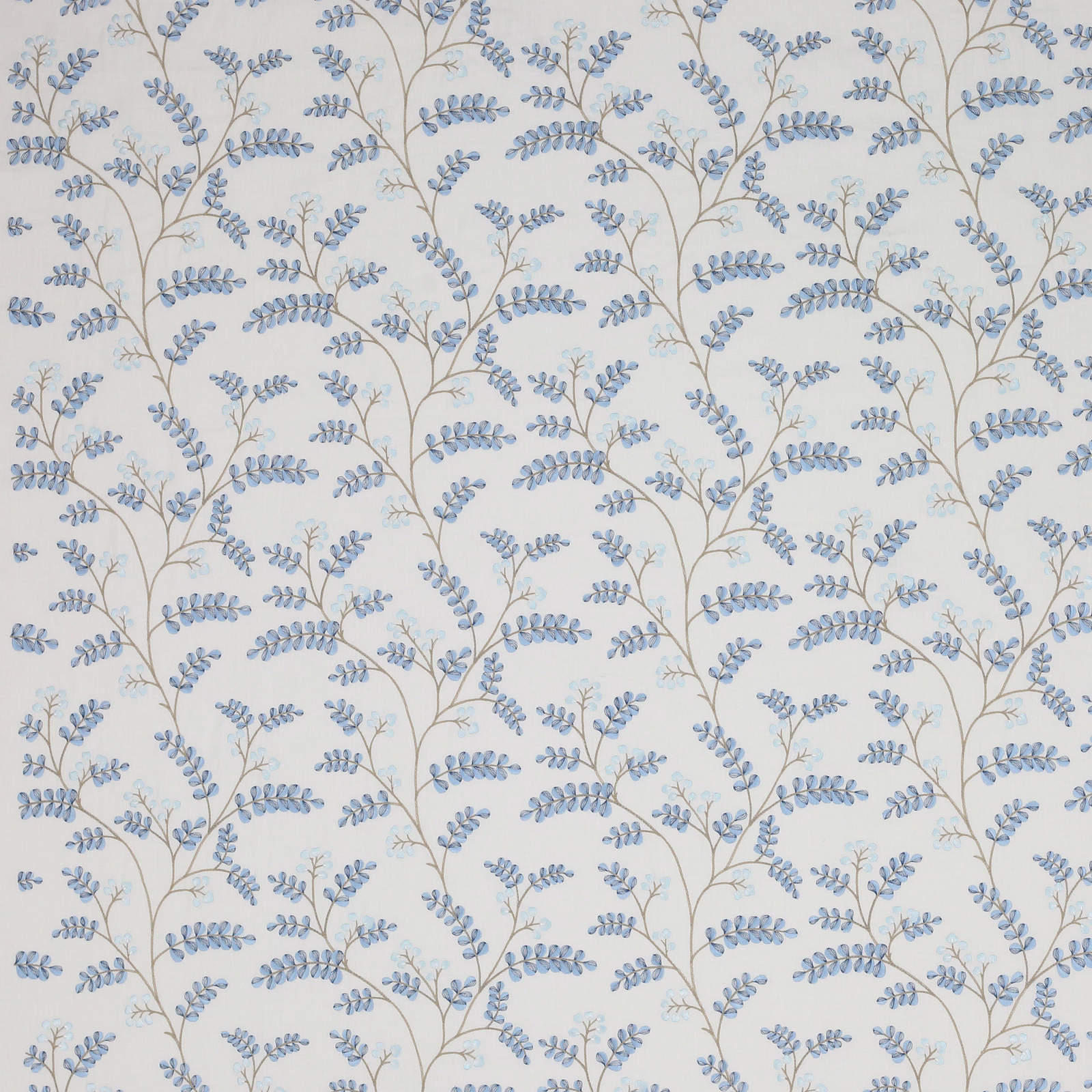 Pale blue botanical trail on ivory linen-blend fabric with fine taupe stems