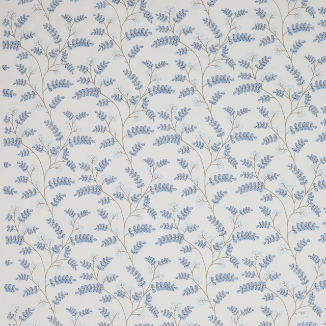 Pale blue botanical trail on ivory linen-blend fabric with fine taupe stems