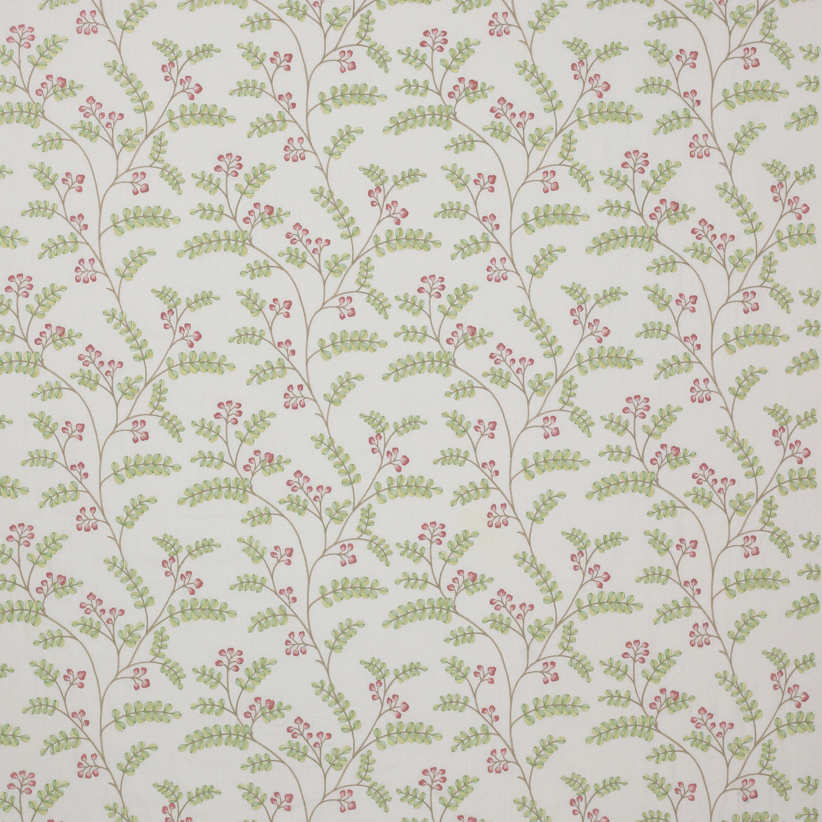 Pale ground fabric with trailing green leaves and small pink blossoms