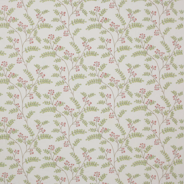 Pale ground fabric with trailing green leaves and small pink blossoms