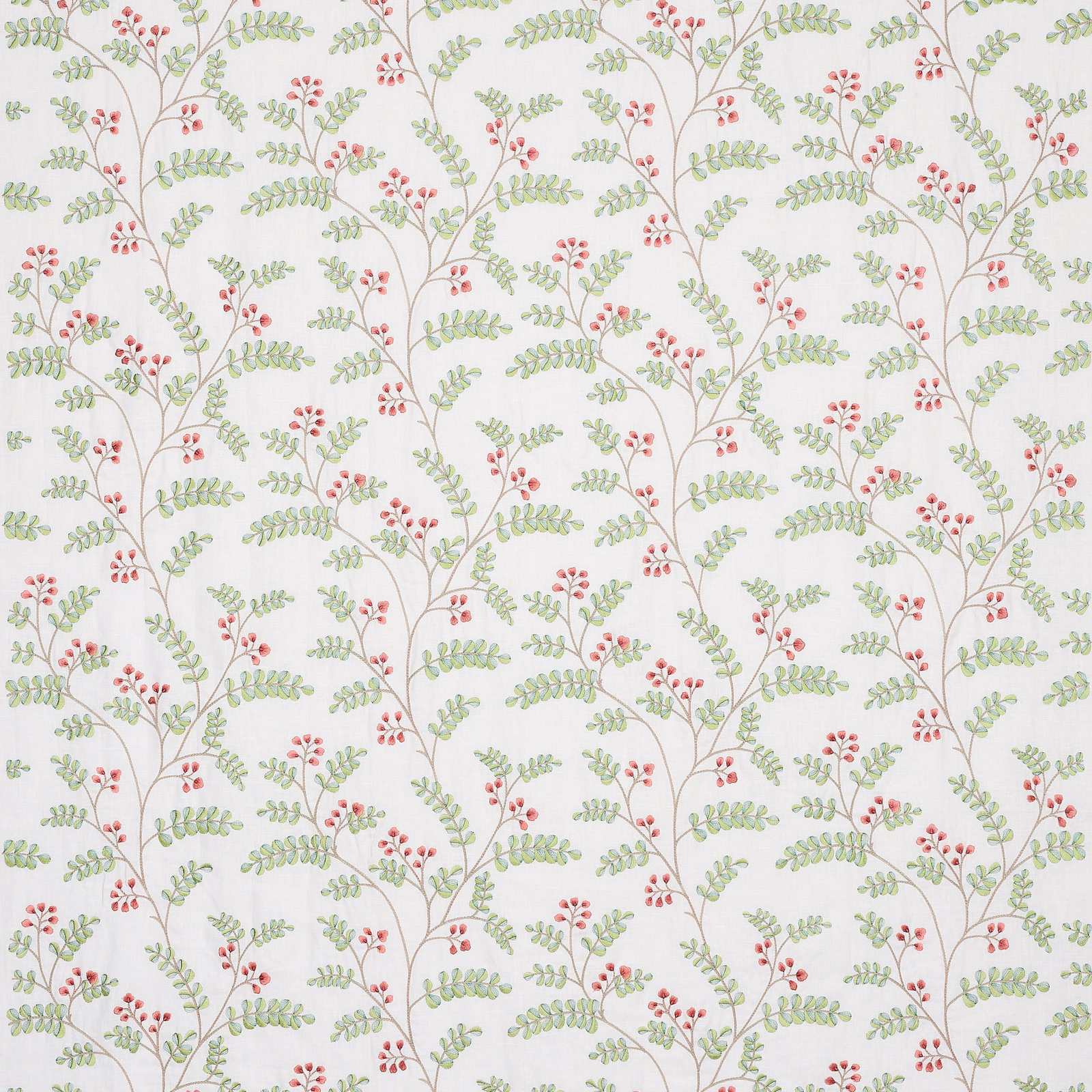 Small berry and leaf botanical fabric in red and sage green on a pale ground