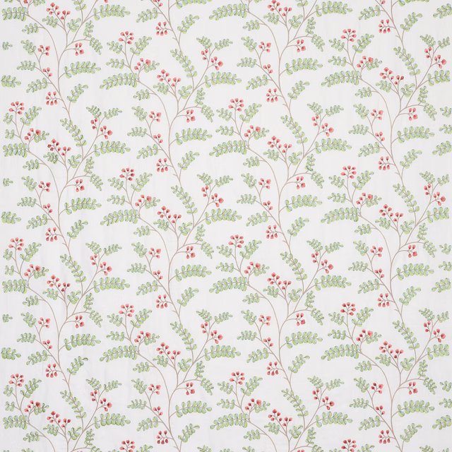 Small berry and leaf botanical fabric in red and sage green on a pale ground