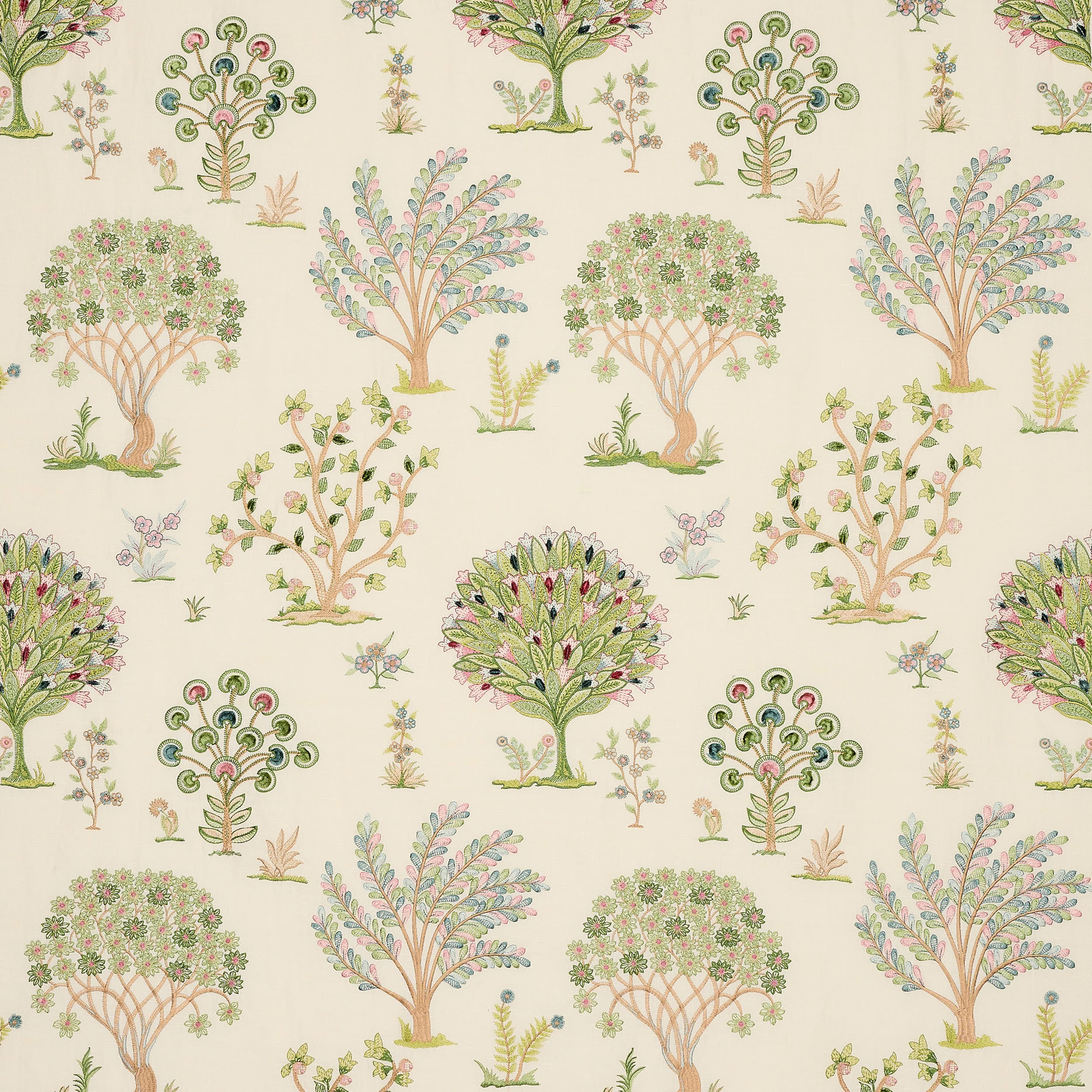 Pastel tree-and-floral fabric on a cream ground with pink and green motifs
