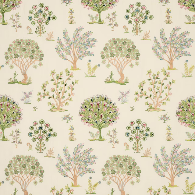 Pastel tree-and-floral fabric on a cream ground with pink and green motifs