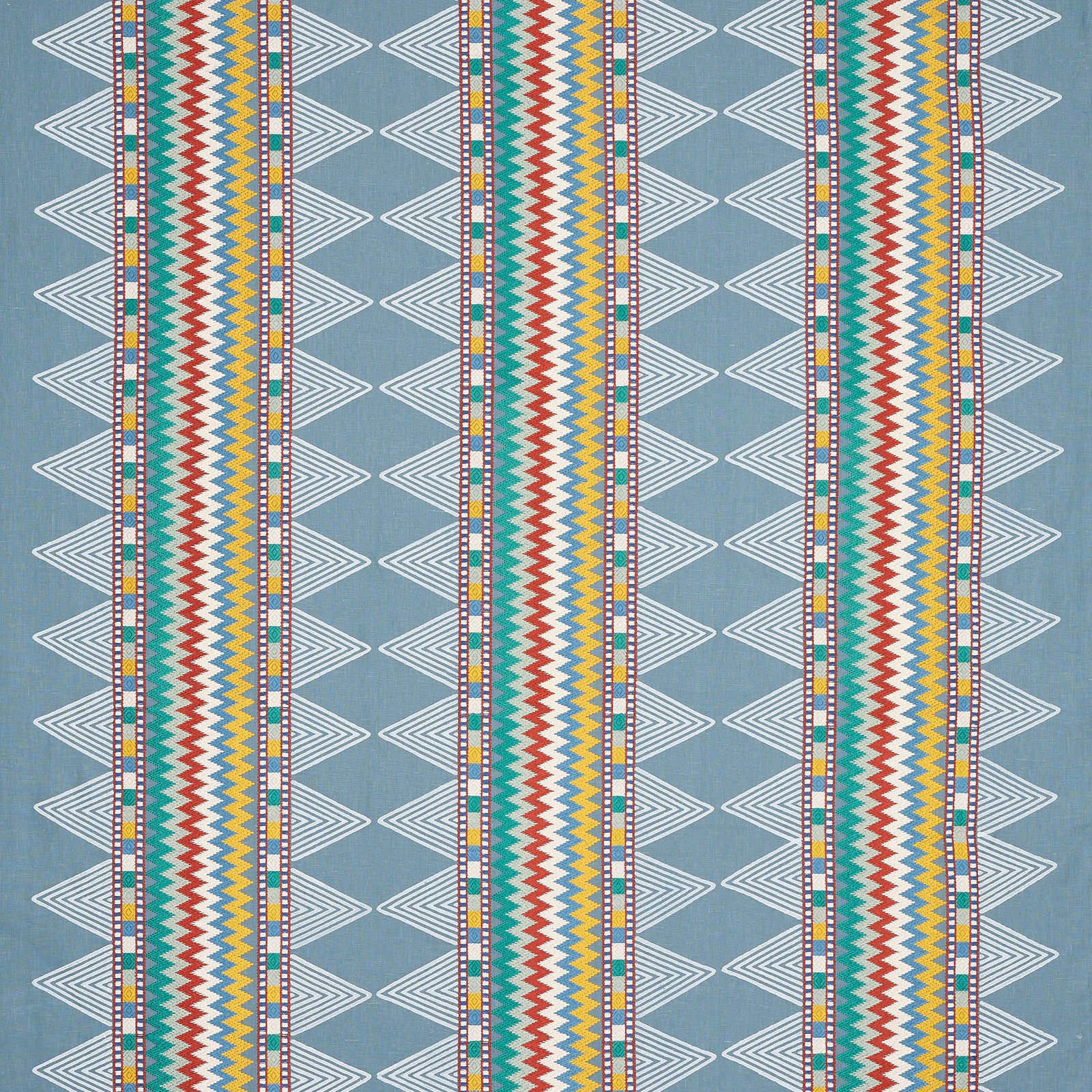 Blue striped fabric with white chevrons and multicoloured zigzag columns
