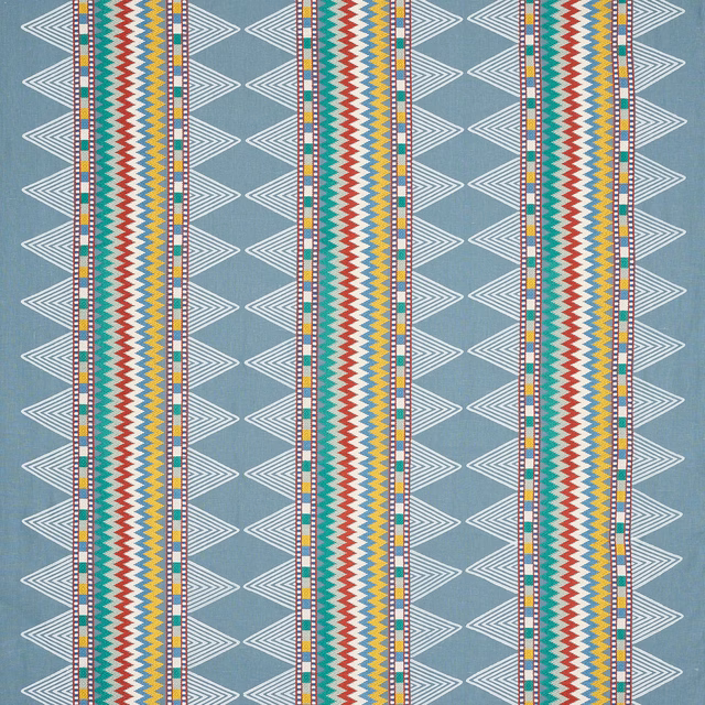 Blue striped fabric with white chevrons and multicoloured zigzag columns