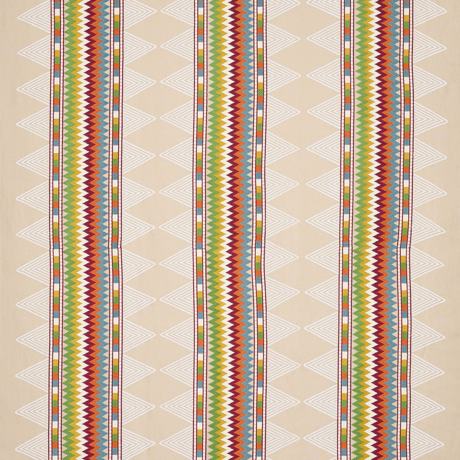 Beige fabric with multicoloured vertical zigzag stripes and white geometric background motif.