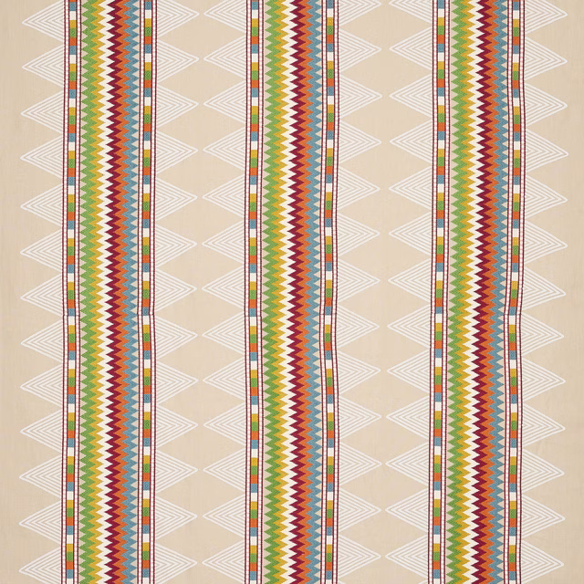 Beige fabric with multicoloured vertical zigzag stripes and white geometric background motif.