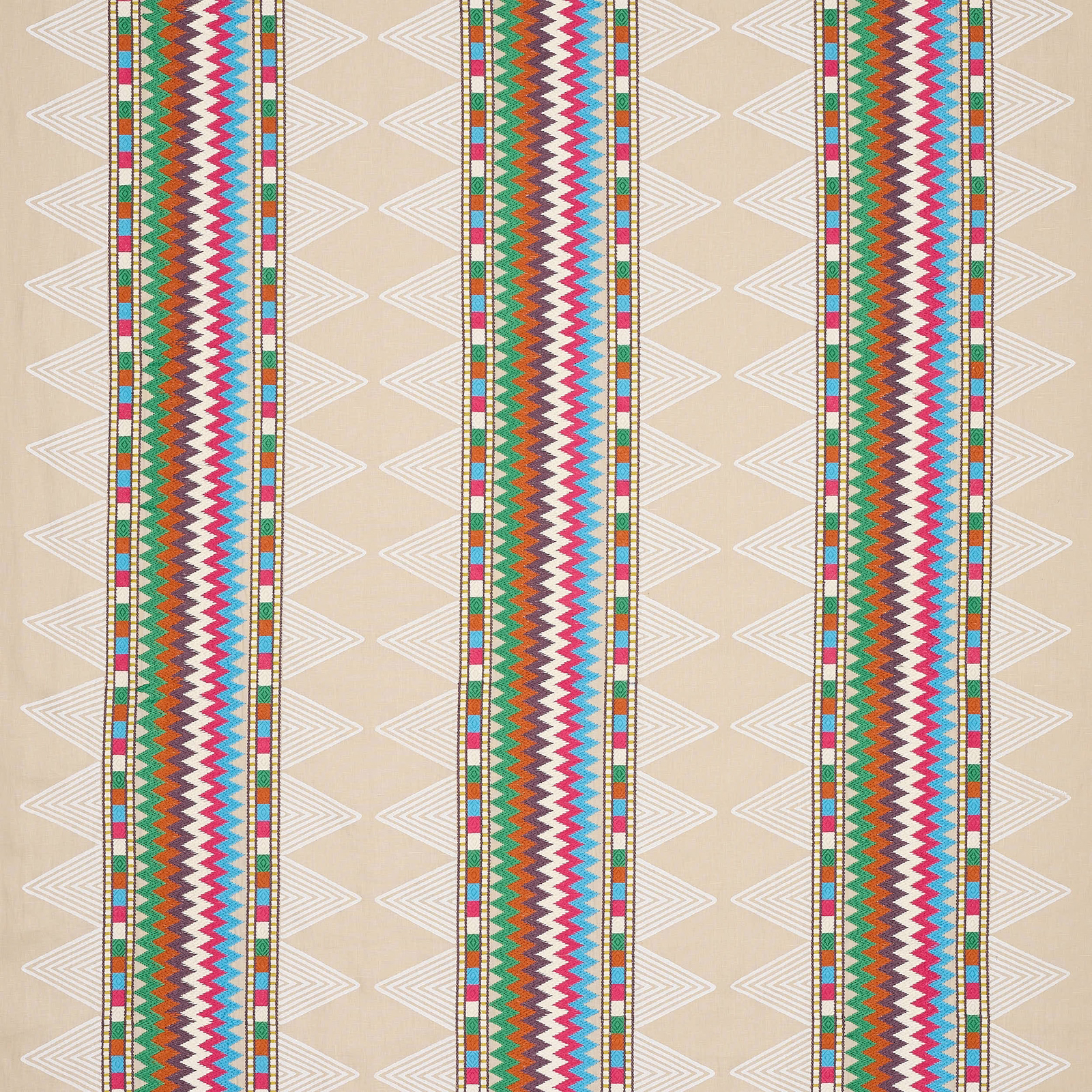 Vertical multicolour zigzag stripes on a warm cream woven fabric swatch