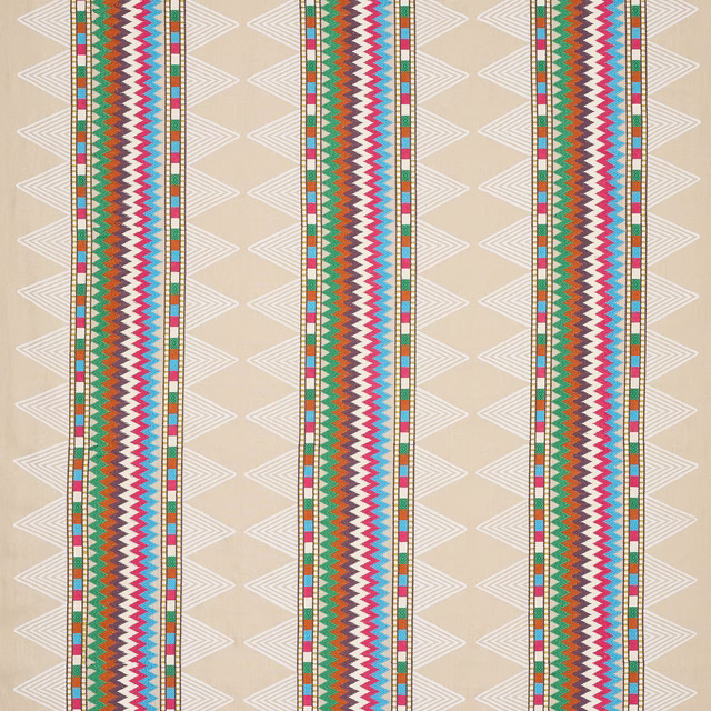 Vertical multicolour zigzag stripes on a warm cream woven fabric swatch