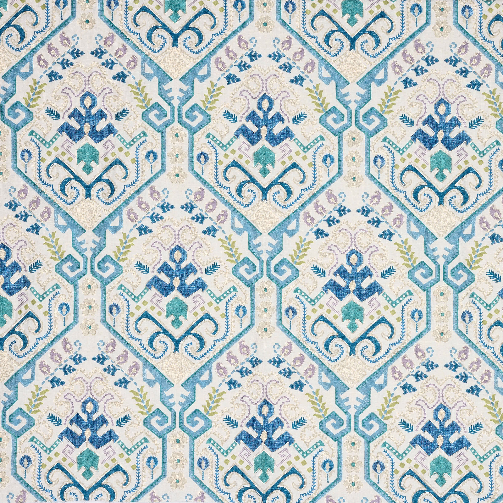 Blue and aqua geometric octagons on a pale ivory woven fabric swatch