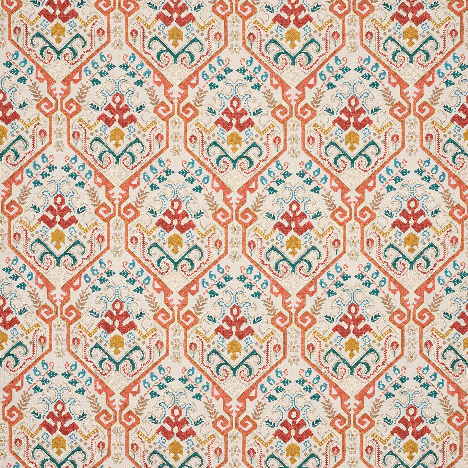 Terracotta red geometric fabric with teal, gold and cream pattern on a pale ground