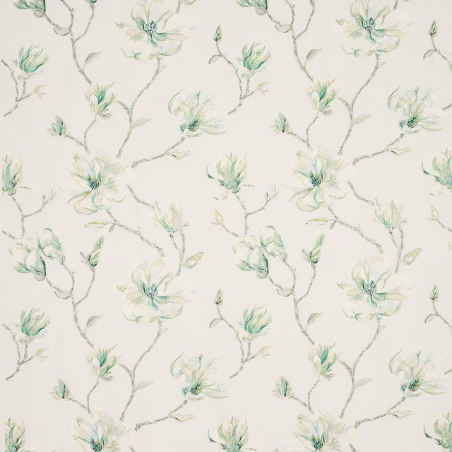 Ivory fabric swatch with trailing mint-green floral branches and loose blossoms
