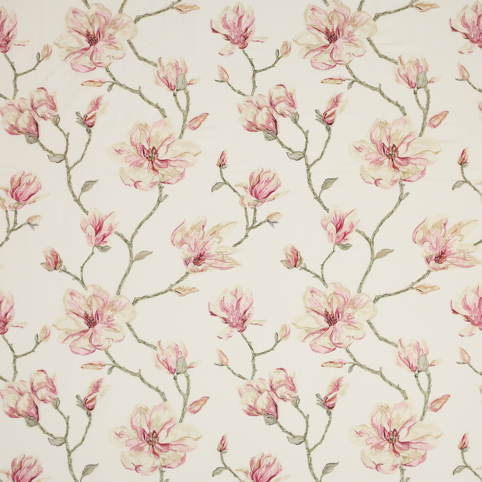 Cream fabric swatch with trailing blush pink flowers and muted green stems