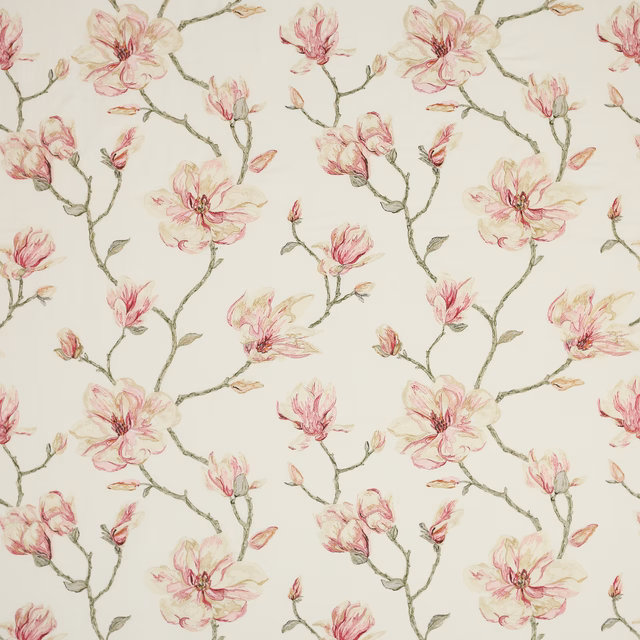 Cream fabric swatch with trailing blush pink flowers and muted green stems