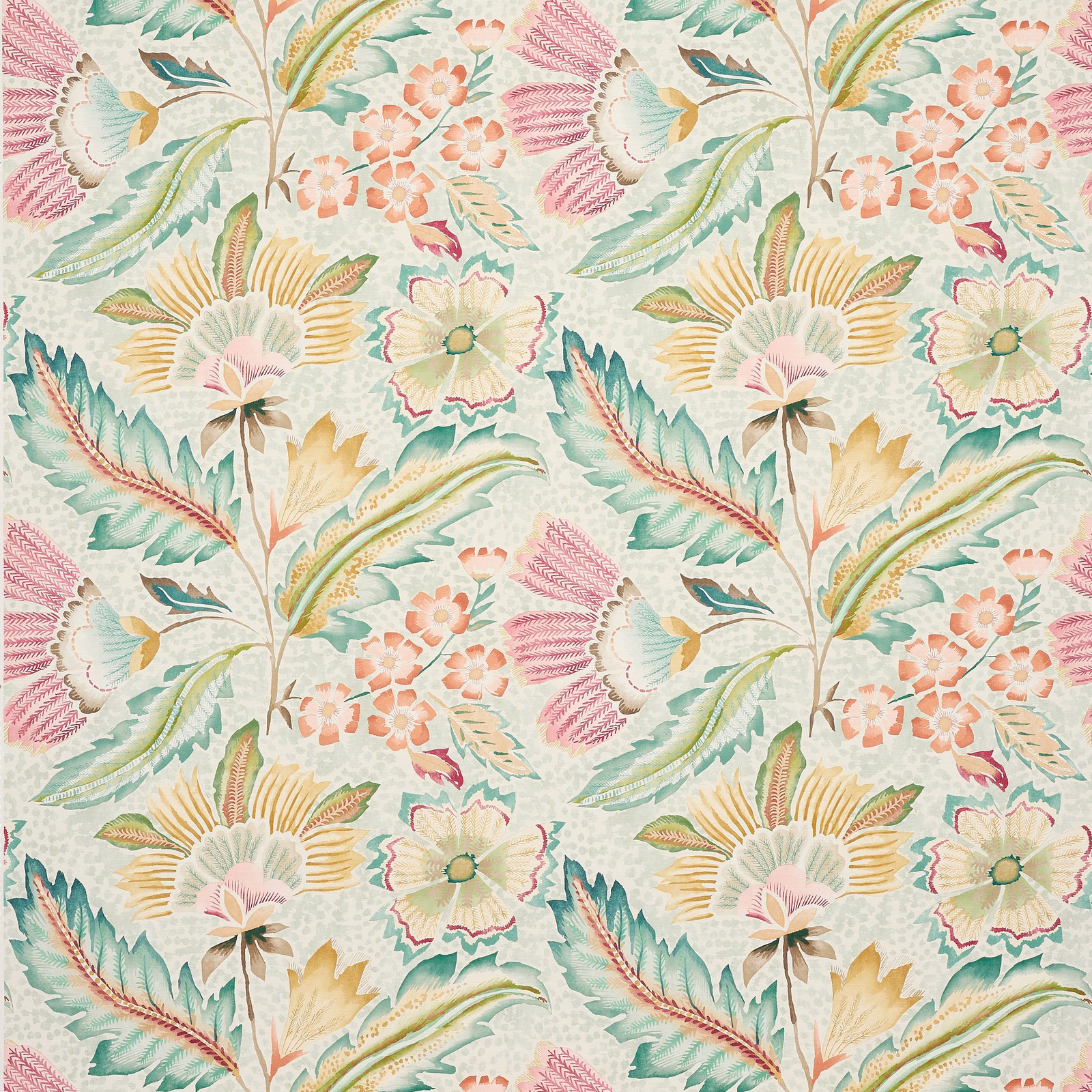 Large-scale floral fabric in aqua, blush, coral and yellow on a pale ground