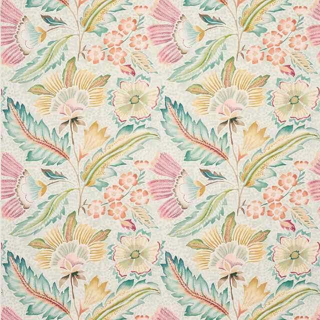 Large-scale floral fabric in aqua, blush, coral and yellow on a pale ground