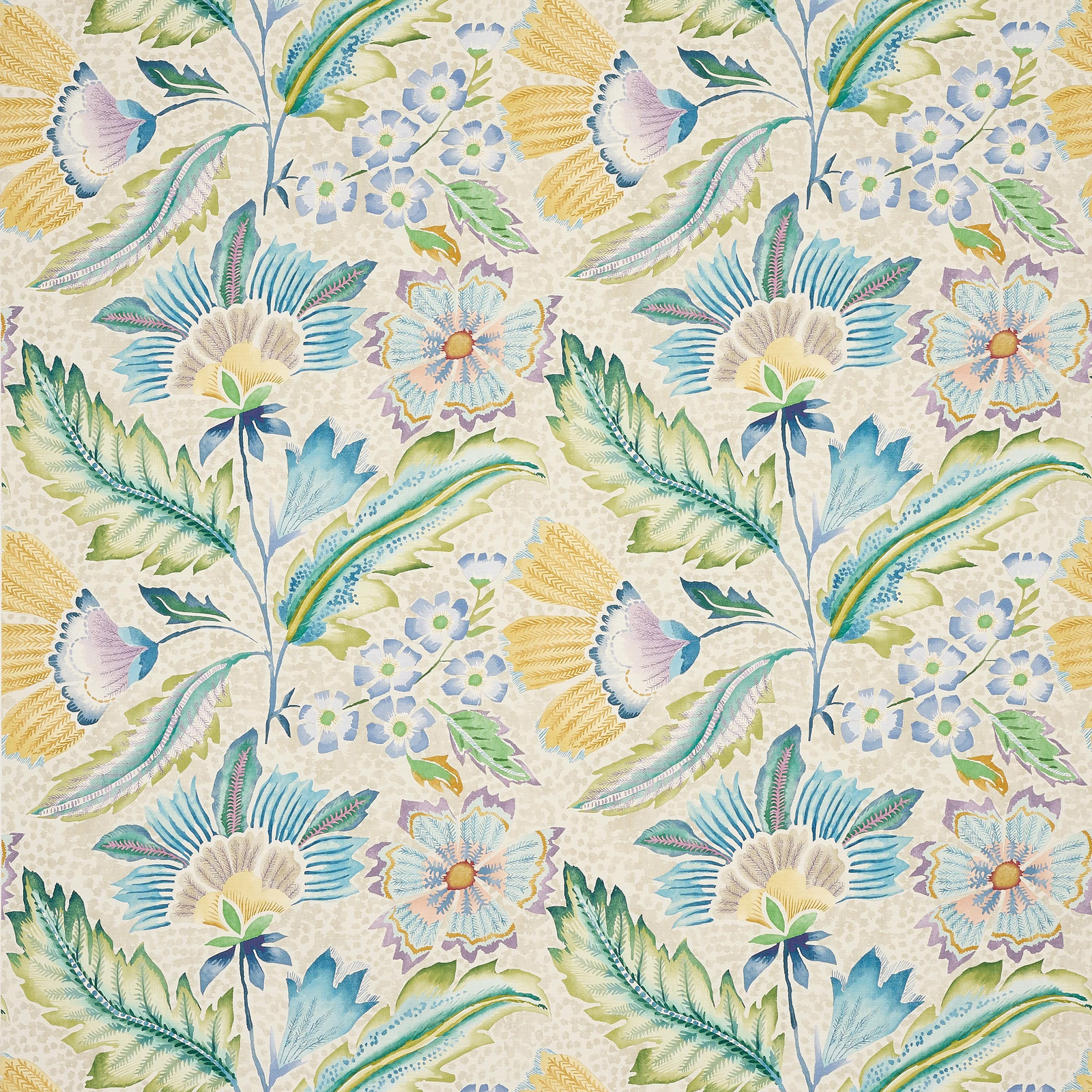 Large floral fabric with soft sky blue, green and yellow motifs on a cream ground