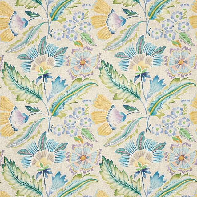 Large floral fabric with soft sky blue, green and yellow motifs on a cream ground