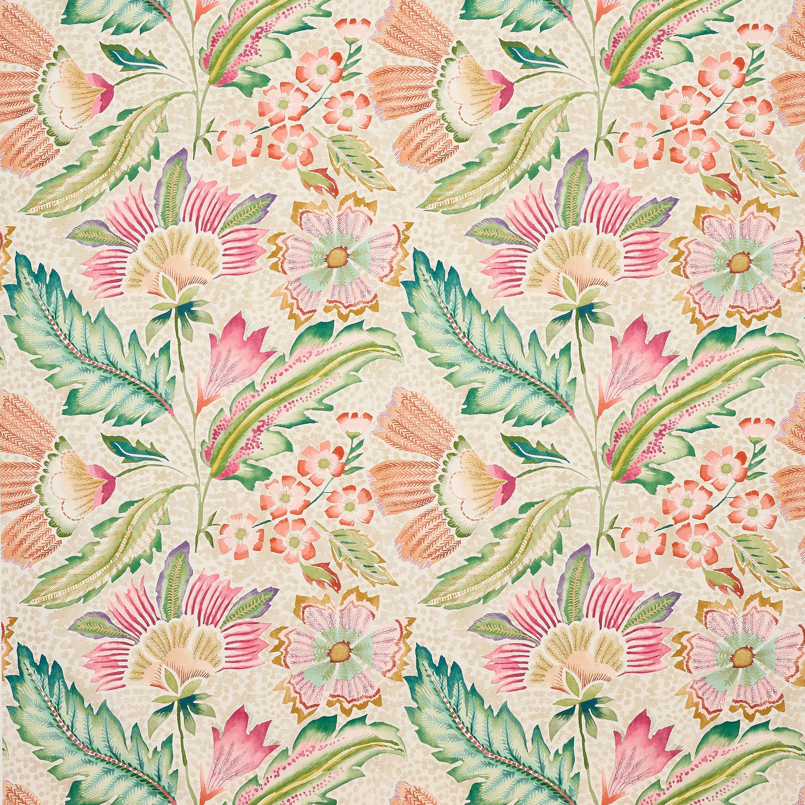 Painterly floral fabric with coral pink blooms, mint green leaves and cream ground