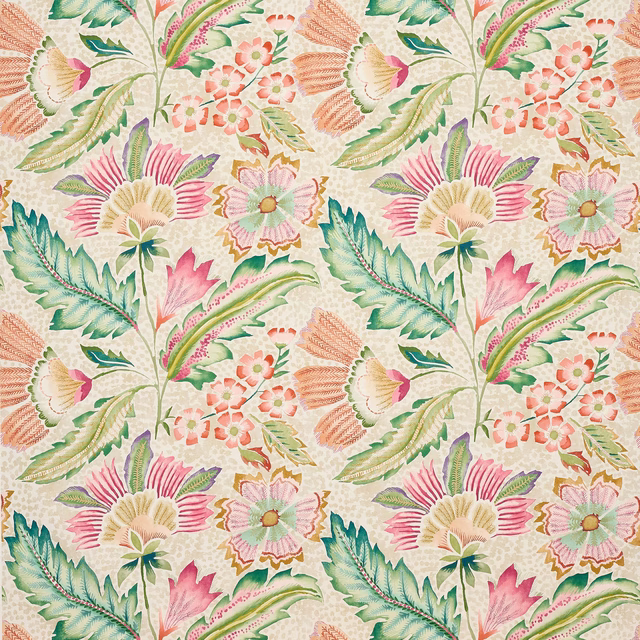 Painterly floral fabric with coral pink blooms, mint green leaves and cream ground