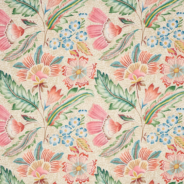 Large tropical floral fabric in coral red, pink, aqua and green on a cream ground