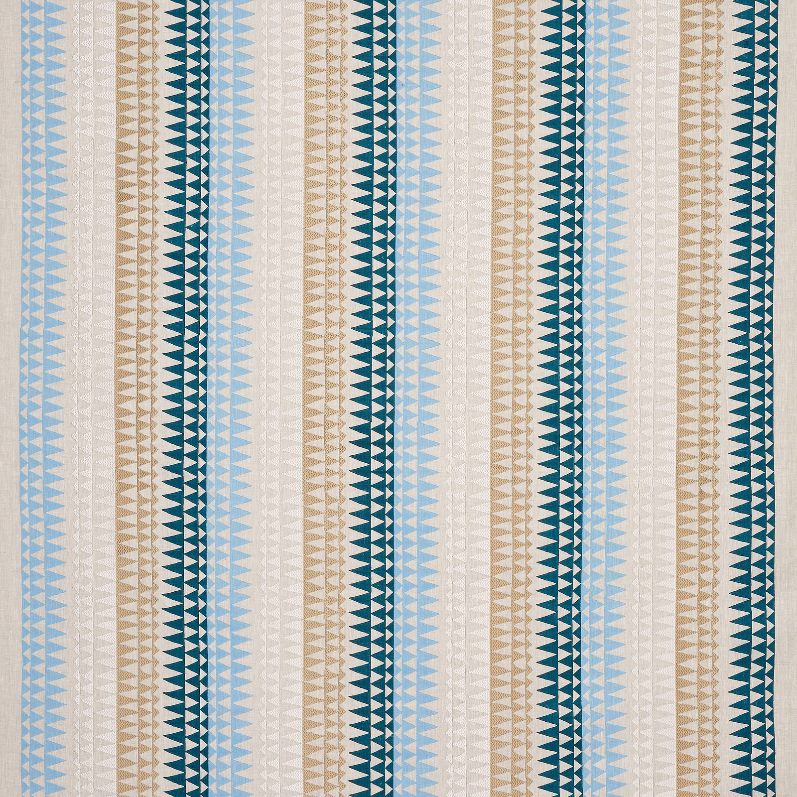 Vertical woven stripe fabric with pale blue, teal and cream geometric bands