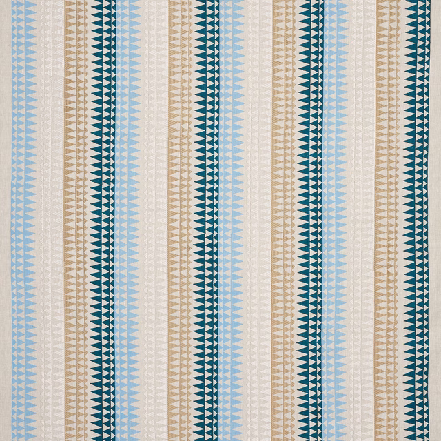 Vertical woven stripe fabric with pale blue, teal and cream geometric bands