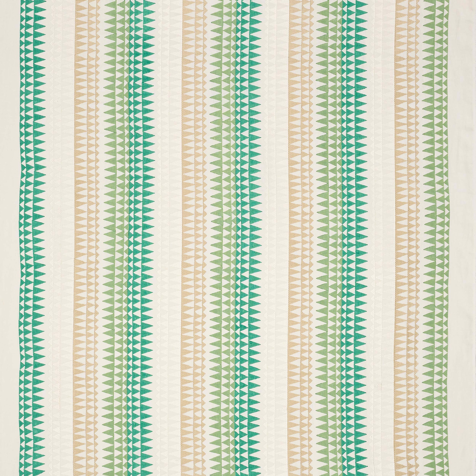 Vertical green, beige and ivory geometric stripe fabric with small triangle motif