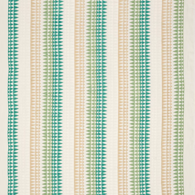 Vertical green, beige and ivory geometric stripe fabric with small triangle motif